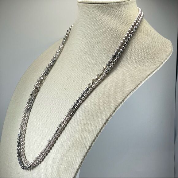 Silver Glass Pearl Gray Glass Beaded Necklace Statement Evening Formal Elegant - Picture 4 of 6